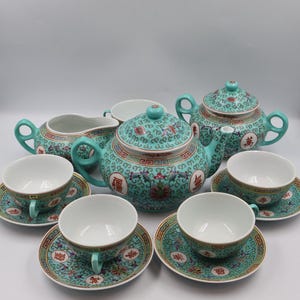 Juego de té chino de porcelana vintage de Jingdezhen / Servicio de té chino turquesa / Tetera, azucarero, lechera, 5 tazas y platillos imagen 13