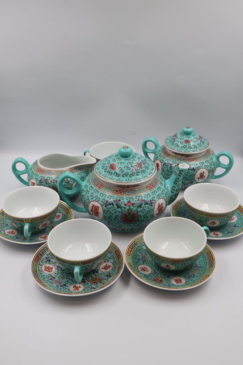 Juego de té chino de porcelana vintage de Jingdezhen / Servicio de té chino turquesa / Tetera, azucarero, lechera, 5 tazas y platillos imagen 13