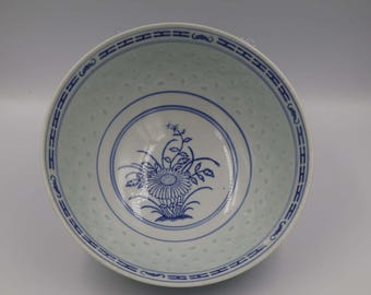 Vintage Blue and White Chinese Porcelain Bowl, Hand Painted Floral Design, Made in China, Decorative Asian Bowl