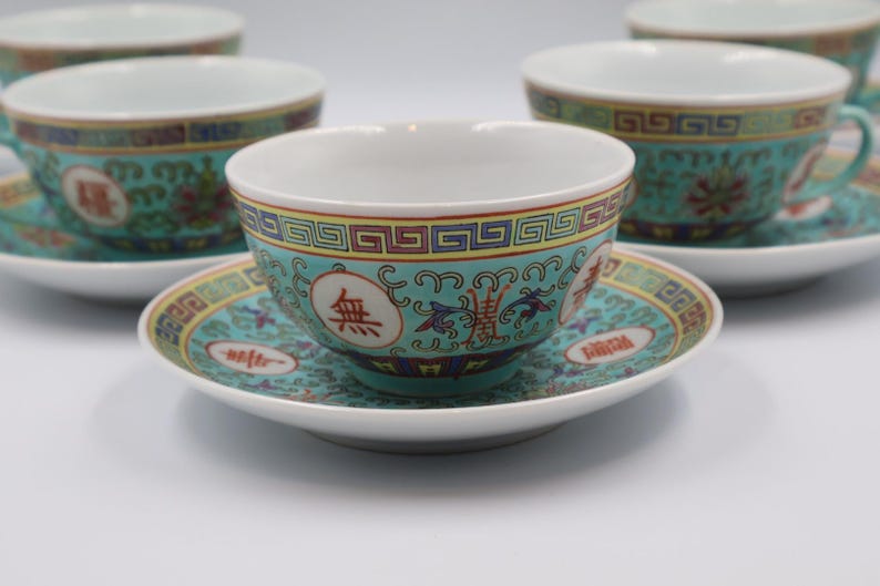Juego de té chino de porcelana vintage de Jingdezhen / Servicio de té chino turquesa / Tetera, azucarero, lechera, 5 tazas y platillos imagen 12
