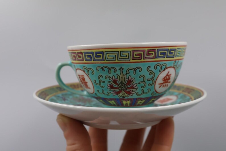 Juego de té chino de porcelana vintage de Jingdezhen / Servicio de té chino turquesa / Tetera, azucarero, lechera, 5 tazas y platillos imagen 15