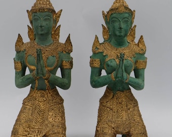 Paar Thai Buddha Teppanom Kniend Schutzengel Skulptur Statue Grünspan