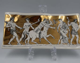 Piero Fornasetti Milano Ceramic Pocket Emptier, Gold Classic Scene Svuotatasche, Bandeja italiana Vide Poche de mediados de siglo, 25 cm