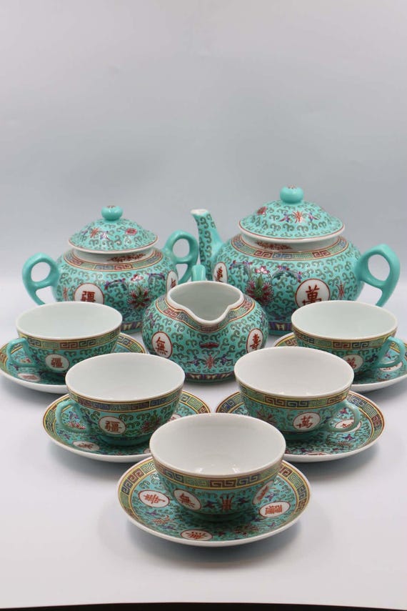 Vintage Chinese Porcelain Tea Set Jingdezhen | Turquoise Chinese Tea Service | Teapot Sugar Bowl Creamer 5 Cups and Saucers