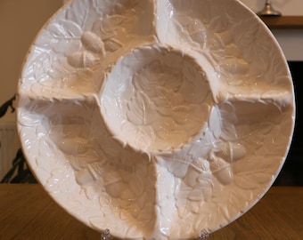 Elegant Vintage A. Santos Portugal Divided Serving Platter, Large 36.5 cm White Ceramic Relish Tray, Embossed Acorn Leaf Dish