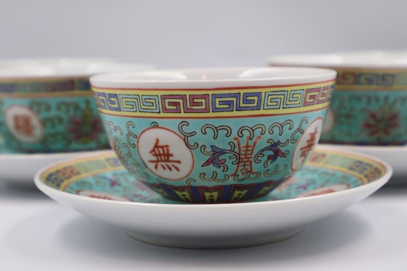 Juego de té chino de porcelana vintage de Jingdezhen / Servicio de té chino turquesa / Tetera, azucarero, lechera, 5 tazas y platillos imagen 14