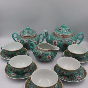 Juego de té chino de porcelana vintage de Jingdezhen / Servicio de té chino turquesa / Tetera, azucarero, lechera, 5 tazas y platillos imagen 19