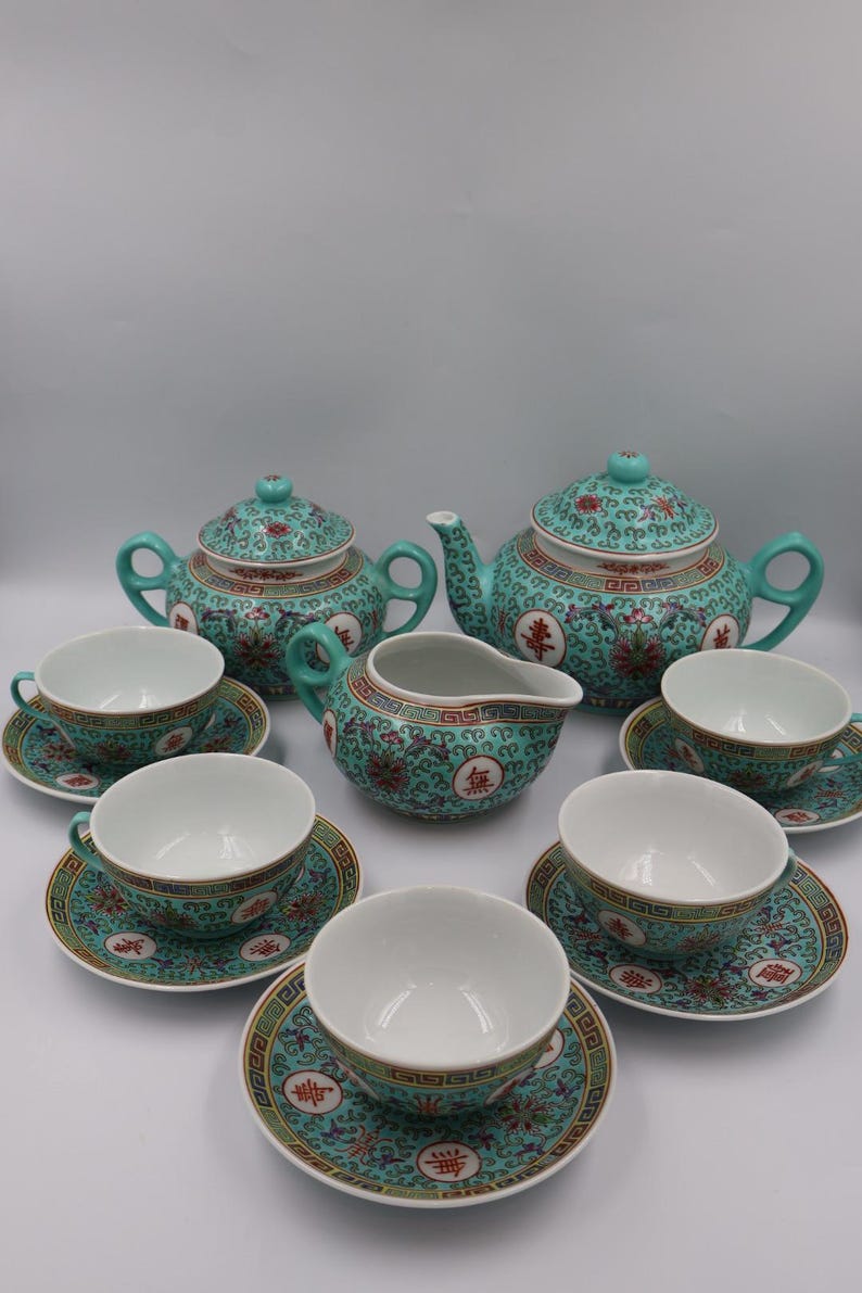 Juego de té chino de porcelana vintage de Jingdezhen / Servicio de té chino turquesa / Tetera, azucarero, lechera, 5 tazas y platillos imagen 19