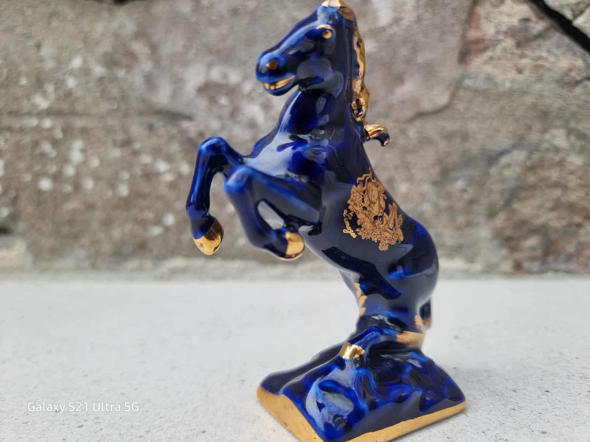 リモージュ カステル 陶磁器 馬の置物 コバルトブルー 22K金塗装