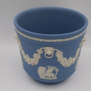 Blue Jasperware Style Cachepot Planter, White Classical Relief, 14.3 cm