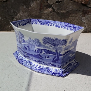 Peut inclure: Une jardinière rectangulaire en céramique à fond blanc ornée d'un motif bleu détaillé représentant un paysage pastoral avec des arbres, des personnages et des animaux. Le bord et la base présentent une bordure florale en bleu assorti.