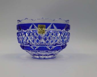 Vintage boho blauw geslepen kristallen kom | Caesar Crystal Bohemiae | Tsjechisch loodkristal | Decor uit het midden van de eeuw