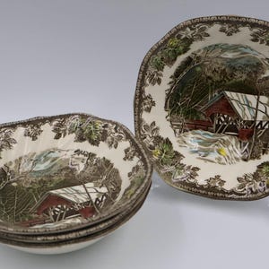 Juego de 4 cuencos Johnson Bros Friendly Village, loza inglesa vintage con diseño de puente cubierto, decoración rústica