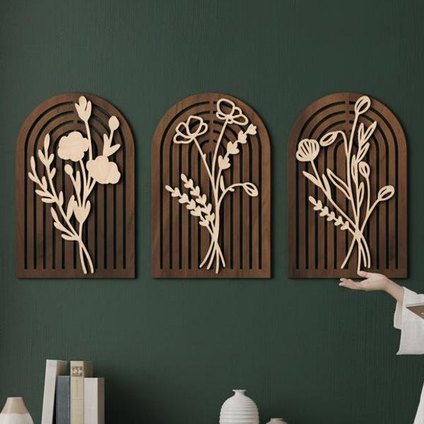 Botanical Wall Art Set,Wooden Floral Wall Decor,Modern Botanical Panel Art,Floral Wall Panels,Layered Wood Wall Art,Rustic Botanical Decor