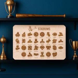 Kaart honkbalstadion, checklist MLB-stadion, muurdecoratie honkbal, houten bord honkbal, decor MLB-fan, honkbalcadeau voor papa, sportmuurkunst