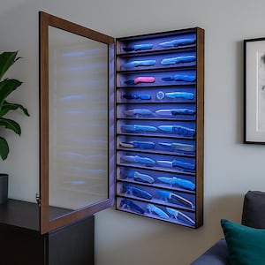 Estante de exhibición de cuchillos con luz LED, gabinete de pared para navajas de bolsillo, estuche táctico para guardar cuchillos, soporte para cuchillos con control remoto, expositor de cuchillos de cristal