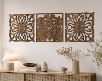 Tríptico para pared, arte de pared de 3 paneles, arte de pared marroquí, panel de pared de madera, arte de pared de madera estilo boho, decoración de pared islámica, arte de madera grande