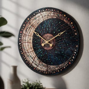 May include: Round wall clock with a celestial design. The clock face features a dark blue background with a crescent moon and star pattern. Gold-colored hands and a central sunburst design complete the look. The clock is mounted on a light gray wall.