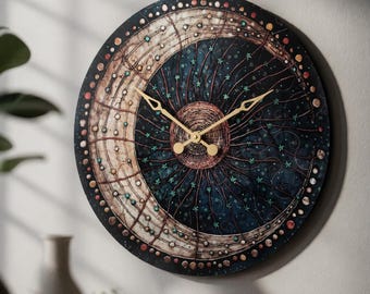 Himmlische Wanduhr, Sonne und Mond Uhr, Vintage Wanduhr, Boho Wanduhr, Übergroße Wanduhr, Dekorative Monduhr