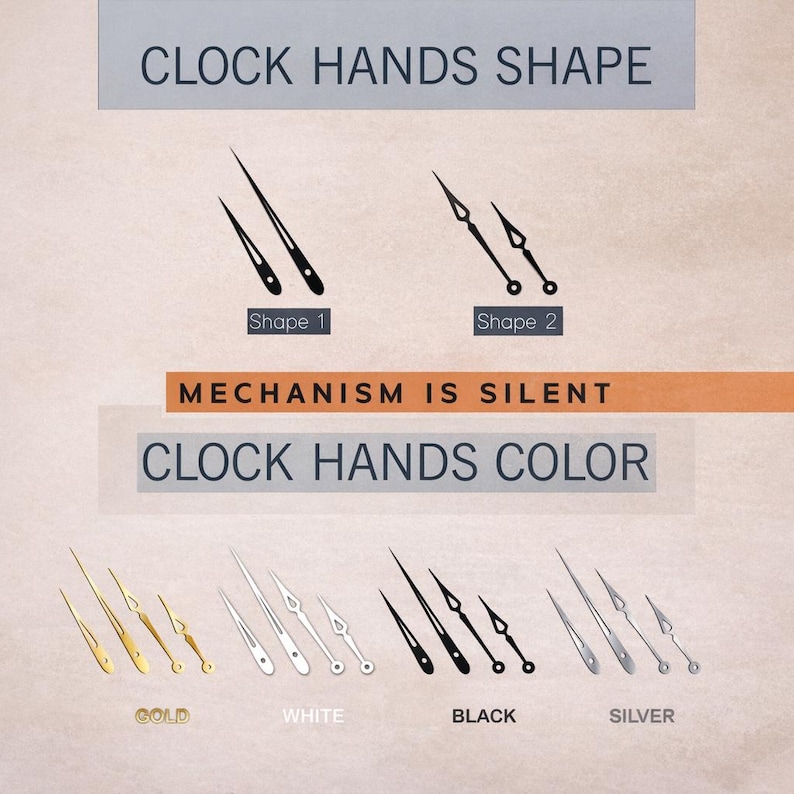 May include: Image showcasing clock hands in various shapes and colors. The text "CLOCK HANDS SHAPE" and "CLOCK HANDS COLOR" are displayed. Options include gold, white, black, and silver hands. The text "MECHANISM IS SILENT" is also present.