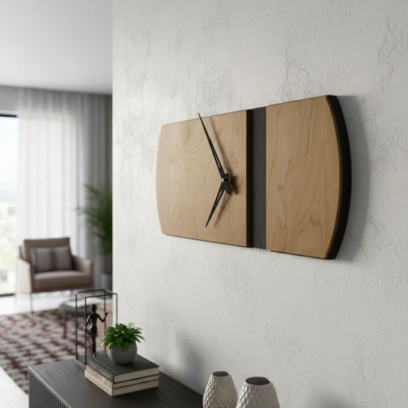 May include: A modern wall clock with a light wood grain finish and black accents. The clock features a rectangular design with rounded edges and black clock hands. The clock is mounted on a white wall, adding a touch of contemporary style to any room.