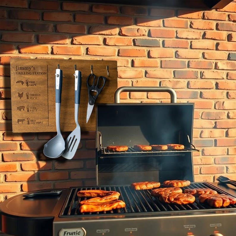 Elevate your grilling game with this stylish wooden BBQ utensil holder, perfect for keeping grill tools organized and within reach. Crafted from durable natural wood, this sturdy rack doubles as a grill tool holder and features a customizable sign for a personal touch. Ideal for barbeque enthusiasts, it’s a practical and unique gift for him, blending functionality with rustic charm. Compact and versatile, it’s a must-have for any grill master’s setup!