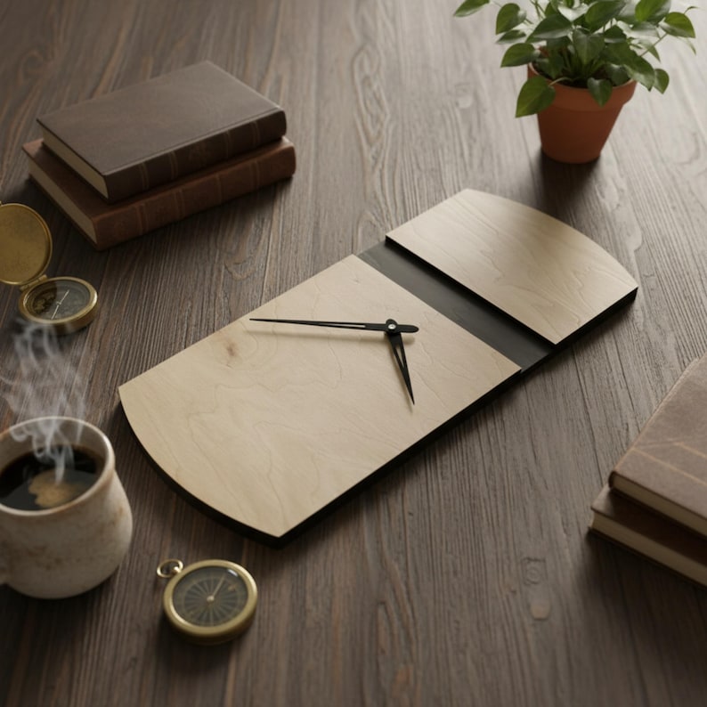 May include: A rectangular wooden wall clock with black hands and a black stripe. The clock is light-colored wood with a curved top and bottom. The clock is on a dark wood surface with books, a compass, and a cup of coffee.