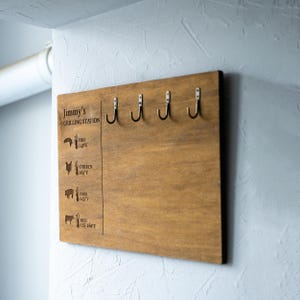 May include: A wooden grilling station with hooks and a chart listing recommended internal temperatures for different types of meat, including fish, chicken, pork, and beef. The chart is labeled "Jimmy's Grilling Station".