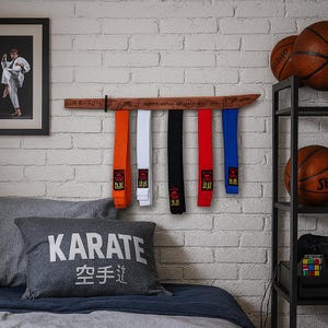 Karate belt display rack, Martial arts belt holder, Taekwondo belt rack, Personalized karate belt display, Wooden belt display stand