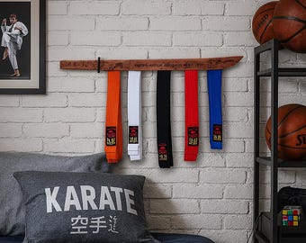 Karate belt display rack, Martial arts belt holder, Taekwondo belt rack, Personalized karate belt display, Wooden belt display stand