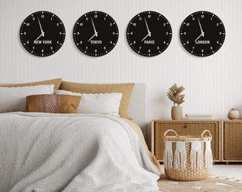 Relojes de pared con múltiples husos horarios, juego de relojes con ciudades del mundo, relojes de pared con temática de viajes, reloj de pared personalizado con ciudad, decoración de reloj con husos horarios para oficina