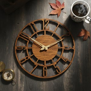 Puede incluir: Un reloj de pared de madera con dise&ntilde;o circular y n&uacute;meros romanos. El reloj tiene un acabado marr&oacute;n oscuro con manecillas doradas. Una taza de caf&eacute;, una br&uacute;jula y hojas de oto&ntilde;o est&aacute;n dispuestas alrededor del reloj sobre una superficie de madera oscura.