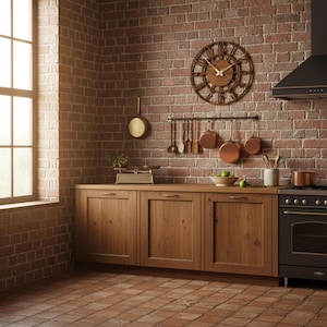 Puede incluir: Una cocina r&uacute;stica con pared de ladrillo, armarios de madera y una estufa negra. Un gran reloj de madera cuelga de la pared. Ollas y sartenes de cobre cuelgan sobre la encimera. Una ventana deja entrar la luz natural.