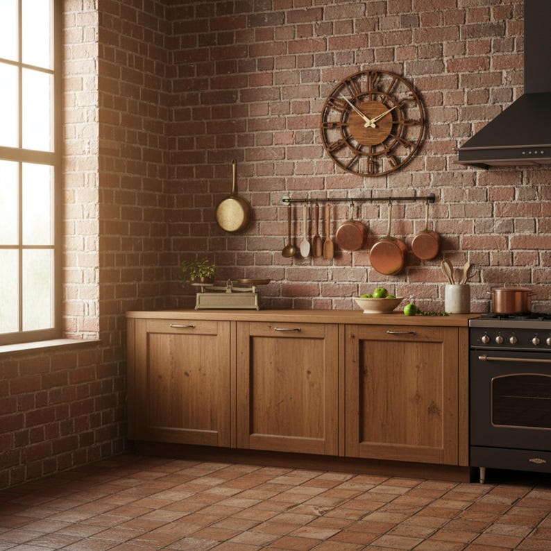 Puede incluir: Una cocina r&uacute;stica con pared de ladrillo, armarios de madera y una estufa negra. Un gran reloj de madera cuelga de la pared. Ollas y sartenes de cobre cuelgan sobre la encimera. Una ventana deja entrar la luz natural.
