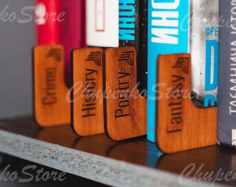 Separadores de madera personalizados para estanterías, organizadores por género de libros, separadores de libros personalizados, separadores de madera para bibliotecas, decoración para estanterías del hogar.