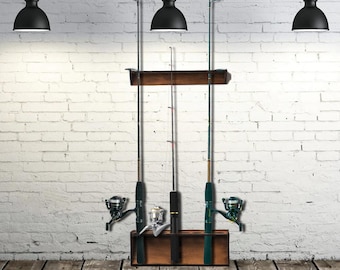 Fishing rod holder stand, Fishing rod storage rack, Wall mount fishing rod holder, Wooden fishing rod display, Fishing rod wall rack