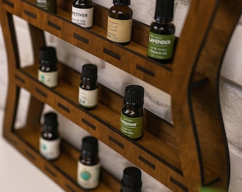 Estante para almacenar aceites esenciales, soporte de madera para aceites esenciales, organizador de aceites de aromaterapia, estante de exhibición de aceites esenciales, almacenamiento rústico de botellas de aceite