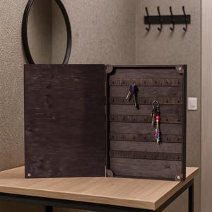 Wooden key box, Key holder wall mount, Wall key storage cabinet, Rustic key organizer, Large key rack with hooks, Entryway key hanger