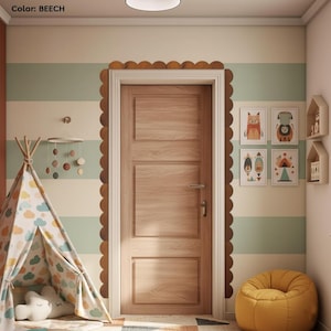 May include: A child's bedroom with a wooden door, framed by a scalloped border. The walls have horizontal stripes in beige and green. A teepee tent, mobile, and framed animal art decorate the space. A yellow beanbag chair sits in the corner. The text "Color: BEECH" is at the top.