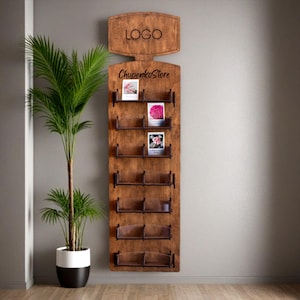 Expositor de pared con pegatinas, expositor de postales personalizado, tarjetero de madera personalizado, expositor para tiendas, expositor de pegatinas
