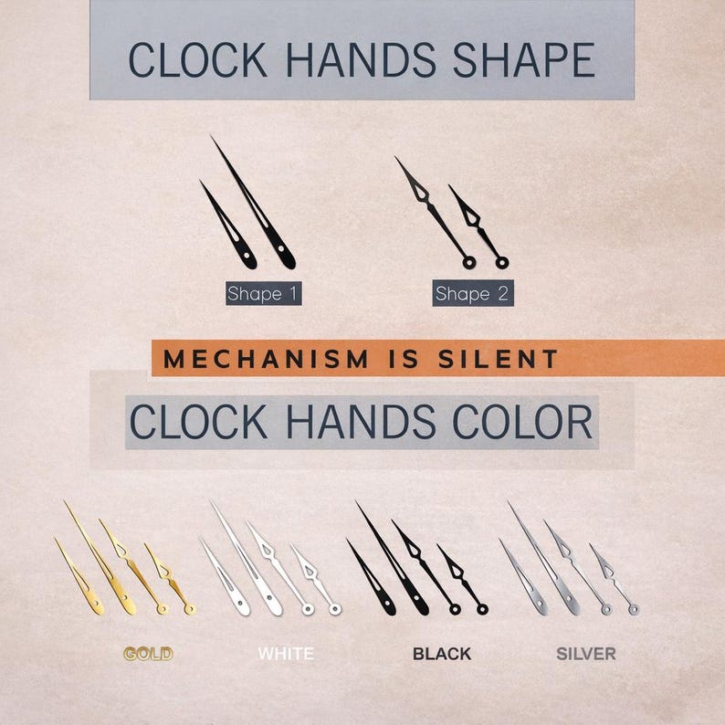 Puede incluir: Imagen que muestra manecillas de reloj en varias formas y colores. Se muestra el texto "CLOCK HANDS SHAPE" y "CLOCK HANDS COLOR". Las opciones incluyen manecillas doradas, blancas, negras y plateadas. Tambi&eacute;n est&aacute; presente el texto "MECHANISM IS SILENT".