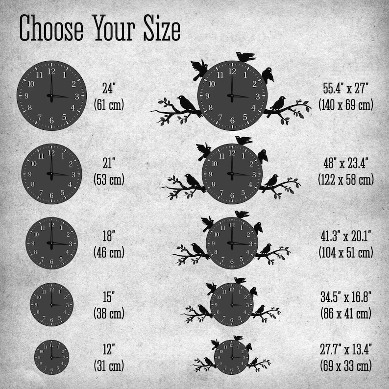 May include: A selection of dark gray wall clocks with black bird and branch designs. Sizes range from 12 inches (31 cm) to 24 inches (61 cm). The text "Choose Your Size" is at the top. Each clock face has black hands and numerals.