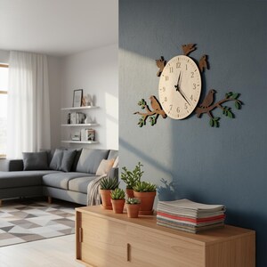 May include: A wooden wall clock with a bird and branch design. The clock face is light-colored with black numerals and hands. Birds and branches are cut from wood and painted green and brown. The clock is mounted on a blue wall.