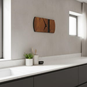 May include: A rectangular wooden wall clock with a dark brown finish and a black stripe down the center. The clock has black hands and is mounted on a light gray wall. The clock measures approximately 12 inches long.