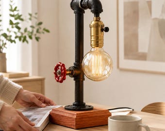 Steampunk-Schreibtischlampe, Industrielle Rohrlampe, Edison-Tischlampe, Industrielle Schreibtischlampe, Rustikale Lampe, Landhaus-Tischlampe, Nachttischlampe