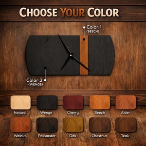May include: A modern wooden wall clock with black and beech color options. The clock features black hands and the text "CHOOSE YOUR COLOR". Additional color options include natural, wenge, cherry, alder, walnut, palisander, oak, chestnut, and teak.