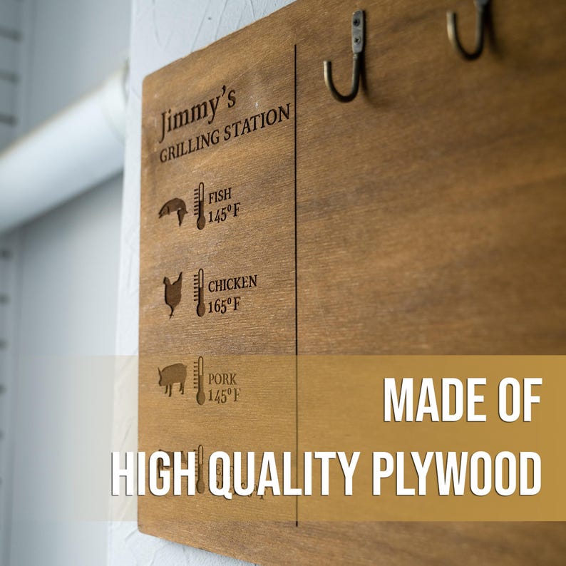 May include: A wooden grilling station sign with hooks, featuring the text "Jimmy's Grilling Station" and internal temperature guidelines for fish, chicken, and pork. The sign is made of high-quality plywood.