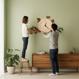 May include: A wooden wall clock with a bird and branch design. The clock face is light-colored with black hands and numerals. Decorative birds and branches are attached around the clock. The clock is being installed on a light green wall.