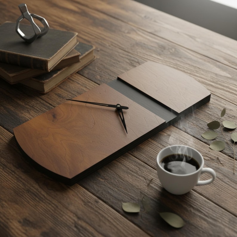May include: A wooden wall clock with black hands, a dark brown face, and a light brown top section. A cup of coffee sits nearby on a wooden table, along with a stack of books and a silver object.