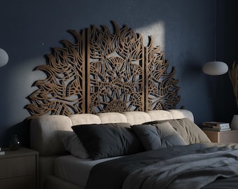 Cabecero Mandala, cabecero de madera tamaño Queen, cabecero tamaño King, decoración de pared tallada, decoración de pared de madera estilo boho, panel de pared de madera, arte para encima de la cama